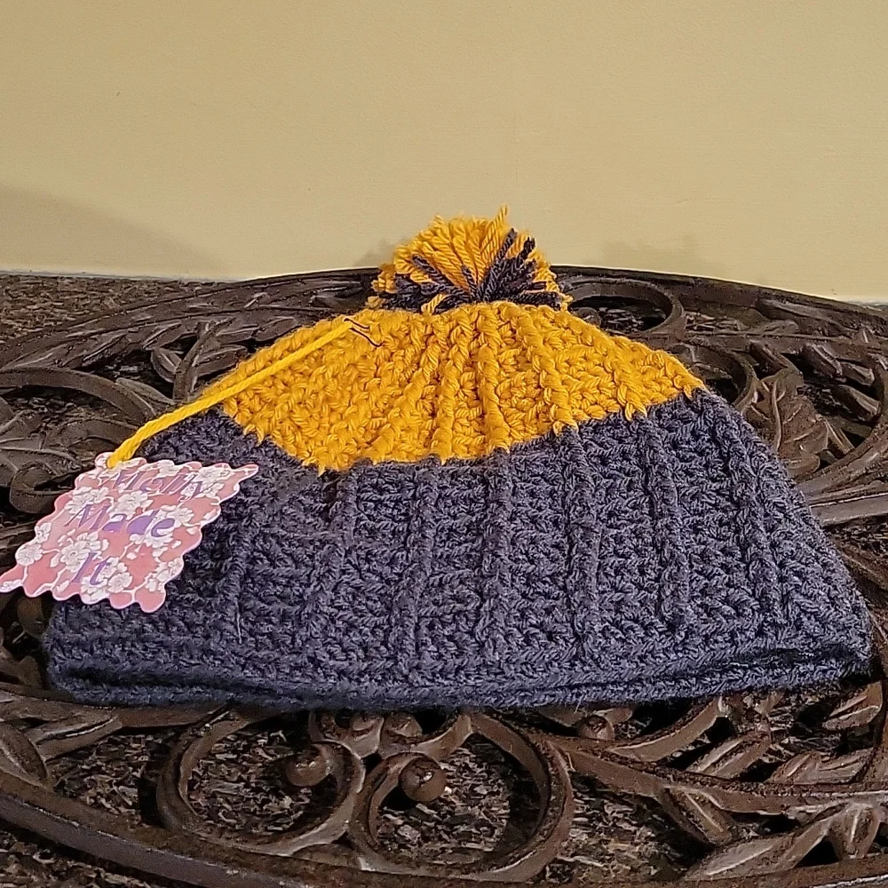 Handmade pom-pom hat beanie with fleece lining at ears crochet